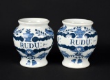Pair of Delft Blue & White “P. Rudy” 3.5” Apothecary Jars, Holland