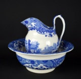 Copeland “Spode's Italian” Blue & White Water Bowl & Pitcher Set, England