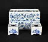 Three Delft Blue & White Rectangular & Square Vases, Holland