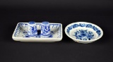 Collection of Four Small Delft Blue & White Pieces, Holland: Trinket Trays & Thimbles