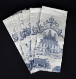 Lot of Five Blue & White Linen Tea Towels with Historic Williamsburg Virginia Buildings Pattern