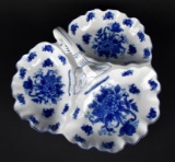 Blue & White Divided Porcelain Server with Floral Pattern