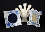 Lot of Three Blue, White, & Polychrome Decorative Items: 2 Picture Frames & Leart Finger Vase