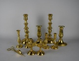 Lot of Nine Brass Candlesticks & Candle Snuffer/Trim by: Baldwin, Virginia Metalcrafters, & Others