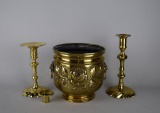 Lot of Brass Home Decor: Candlesticks, Wax Drip, Catchers, & Lion Mask Handle Planter