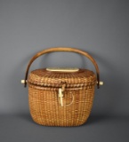 Vintage Farnum Nantucket Basket Purse with Ivoryite Scrimshaw Images of Mill & Owls, Signed