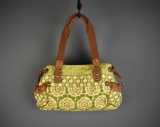 Fossil Green & Cream Canvas Handbag with Brown Leather Trim