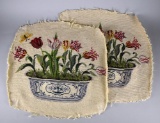 Lot of Two Vintage Needlepoint Pillow Tops/Chair Seat Covers with Tulips in Delft Planter Design