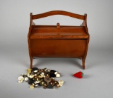 Vintage Wooden 10” Sewing Box with Collection of Old Buttons