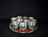 Ten Kirk Stieff Pewter “Jefferson” Cups & Round Wood Grain Tray