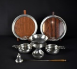 Lot of Stieff Williamsburg” Pewter Porringers, Candle Snuffer & Round Wood Grain Trays