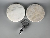 Two Round White Stone Cutting Boards & Mariposa Metal Bottle Stopper