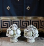 Pair of Resin Marblesque Garden Urn & Fruit Topiaries, 15” H