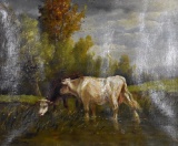 Eugene Fromentin (French, 1820-1876) Landscape with Cows  & Stream, Oil on Canvas, Signed Lower Left