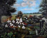 Judd Gallett (American, XX) Wildflowers Near a Well, Oil on Canvas, Signed Lower Right