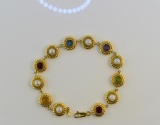 14K Gold, Gemstone & Pearl Link Bracelet, 7.25” L