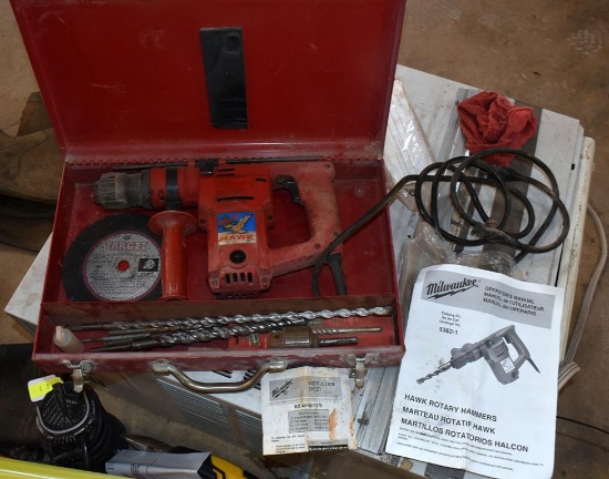 Milwaukee Hawk Corded 1” Rotary Hammer Drill, Cat. No. 5362-1 w/ Metal Case and Bits Etc