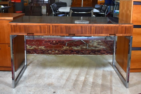 Mid-Century Modern Zebrawood and Tubular Chrome Desk with Three Drawers, Smoked Glass Protective Top