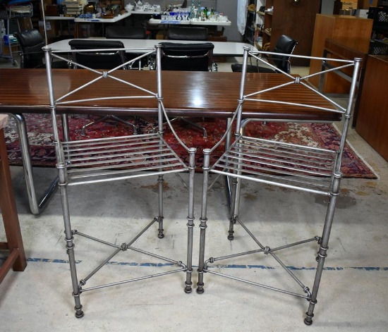 Pair of Contemporary Metal Rod Frame 24” Bar Height Chairs with Brushed Finish