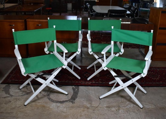 Set of Four Vintage Folding Green Canvas and White Enameled Wood Directors Chairs