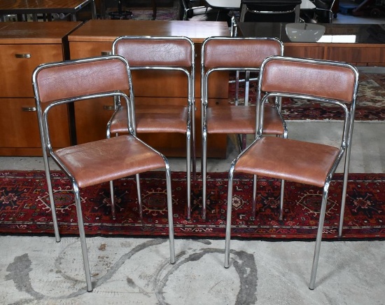 Set of 4 Mid-Century Modern Stacking Tubular Chrome and Brown Leatherette Dining Chairs, Italy