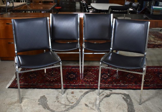 Set of 4 Nightingale Mid-Century Modern Stacking Tubular Chrome and Black Leatherette Dining Chairs