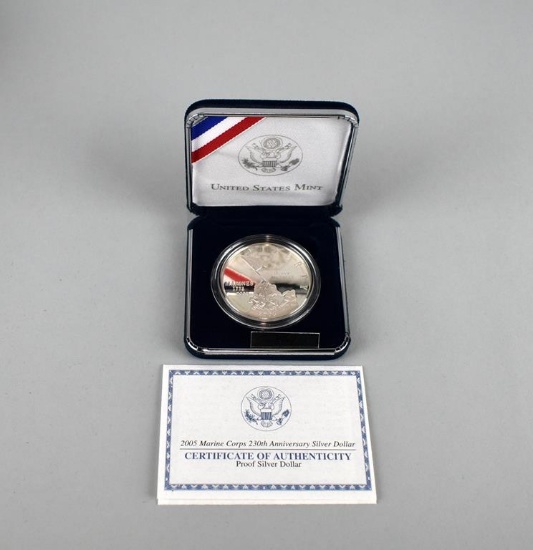2005 US Mint Marine Corps 230th Anniversary Proof Silver Dollar Commemorative Coin with C of A