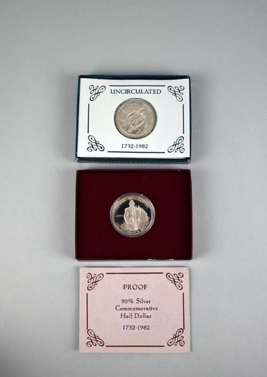 Two 1982 US Mint Geo. Washington 250th Birth Anniv. Silver Half Dollar Commem. Coins w/ C of As