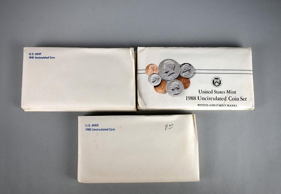 Nine Philadelphia & Denver Mints Uncirculated Coin Sets: 1980 (3), 1981 (3), 1988 (3)