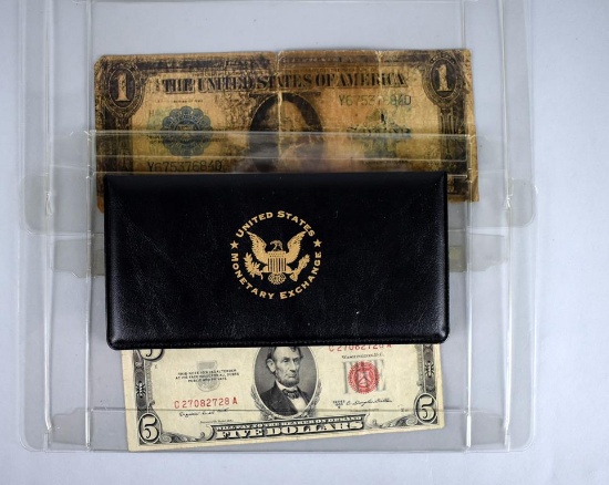 Four US Bills: 1923 Woods/White $1 Silver Cert., 2003 Marin/Snow $2 FR Notes(2), 1953B $5 US Note
