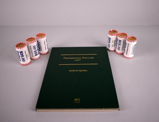Partial Presidential Dollars Collector's Folder & Six $25 Rolls of Uncirculated Presidential Dollars