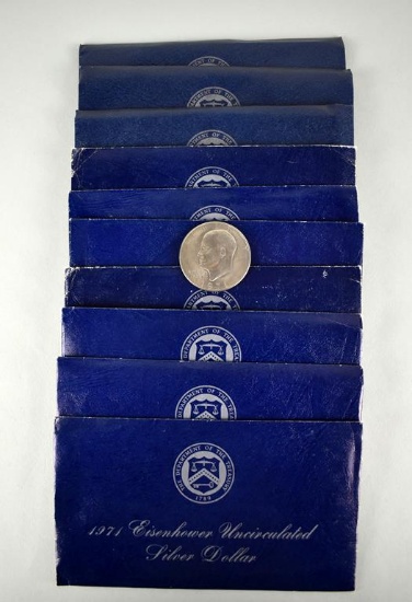 Ten Eisenhower Uncirculated Silver Clad Dollars (1971 $ 1974) and 1 Circ. 1971 Dollar