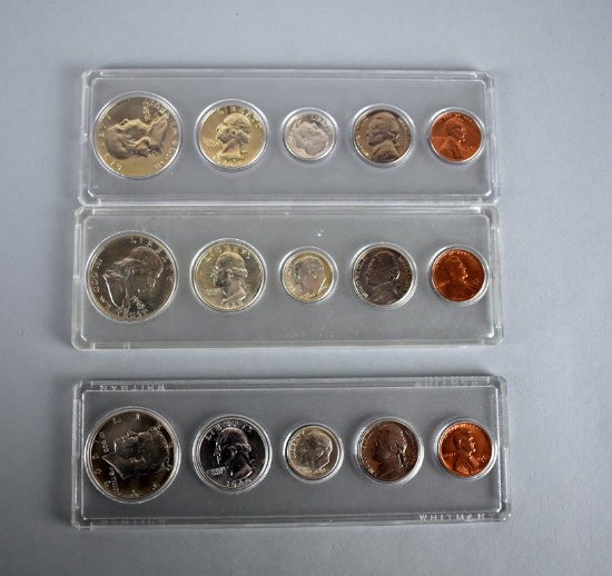 Three US Uncirculated Coin Sets: 1962, 1963, & 1964 with Silver Half Dollars, Quarters & Dimes
