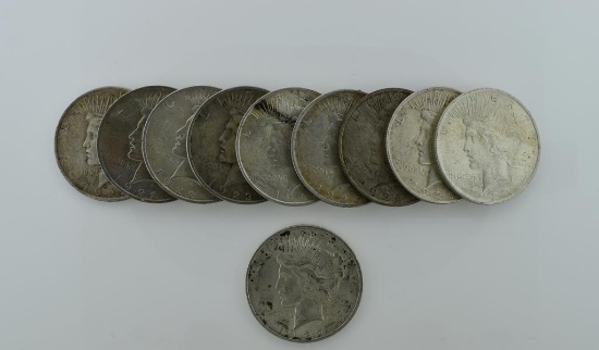 Ten Circulated Silver Peace Dollars: 1922 (5) & 1923 (5)