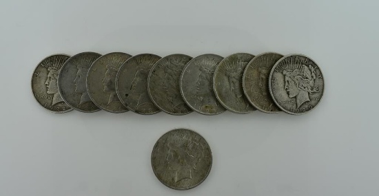 Ten Circulated Silver Peace Dollars: 1922 (4), 1923 (3), 1923D, 1924 & 1925
