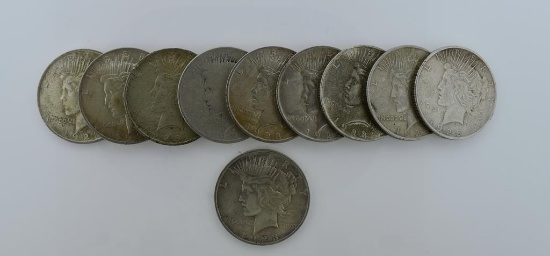 Ten Circulated Silver Peace Dollars: 1923 (8), 1924 & 1926