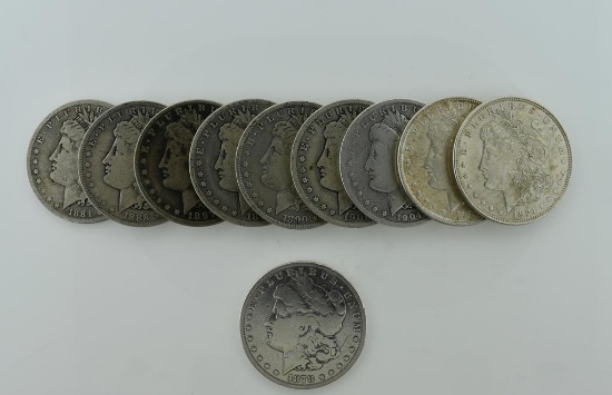 Ten Morgan Silver Dollars: 1878S, 1884O, 1888O, 1890O, 1897O, 1899O, 1900O, 1904 & 1921 (2)