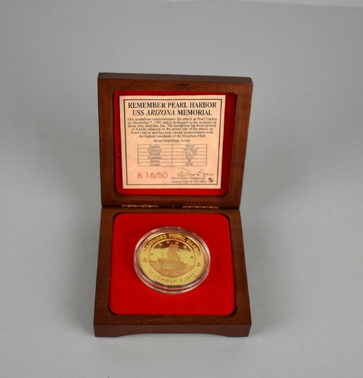 Remember Pearl Harbor “USS Arizona” Memorial Proof 1 Troy Oz. Pure Gold Coin in Wooden Case