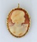 Antique Carved Shell Pendant Brooch Cameo in 14K Gold Frame, 2”