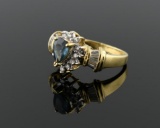 14K Gold Pear Cut London Blue Topaz and Diamond Ring, Size 6