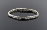 Antique Art Deco 10K White Gold Filigree 7.25” Link Bracelet with Three Marquis Blue Sapphires
