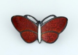 Vintage Red & White Enameled Sterling Silver Butterfly Pin, Thailand, 1.25”