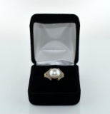 14K Gold, Pearl Solitaire and Diamond Ring, Size 7.5