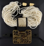 Magnificent Chinese 18” Necklace w/ Carved Serpentine Pendant, Pearl Multi-Strands & Rabbit Closure