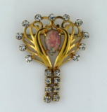 Vintage VanDell 1/20 12K Gold Filled Opal & Rhinestone Pendant / Brooch Pin, 1.75”