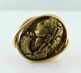 Large Gold Costume Ring with BasRelief Woman's Bust, Size 7