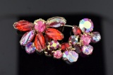 Vintage Weiss Iridescent Red & Pink Stone Brooch Pin, 2.5”