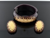 Vintage Brown & Ivory Bakelite Demiparure with Yellow Rhinestones: Clasp Bracelet & Clip Earrings