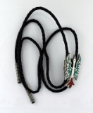 Vintage “EJC” Pawn Silver Inlaid with Turquoise and Red Coral Crystals Bolo Tie