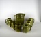 Vintage USA Pottery Barrel Pitcher and Eight Mugs, Green Glaze